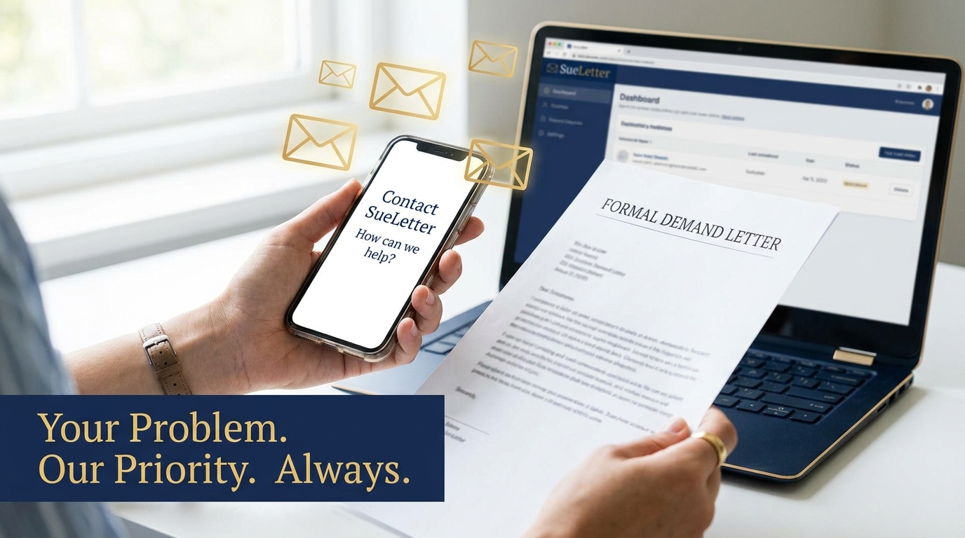Contact SueLetter - expert AI demand letter support team responds within 5 business days