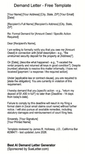 Free demand letter template with placeholder fields reviewed by attorney James R. Holloway J.D.