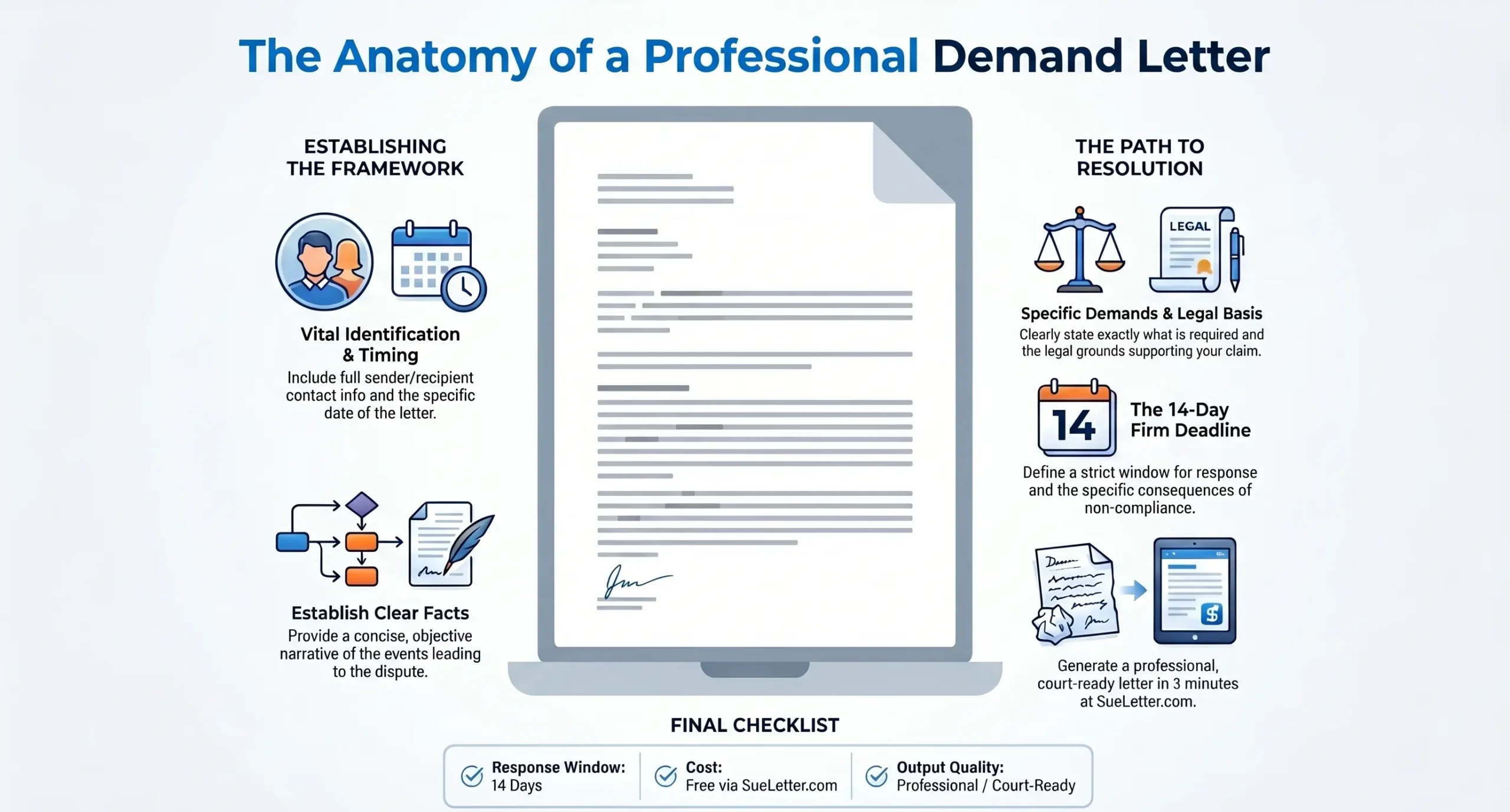 Infographic showing the anatomy of a professional demand letter including identification clear facts legal basis 14-day deadline and court-ready format
