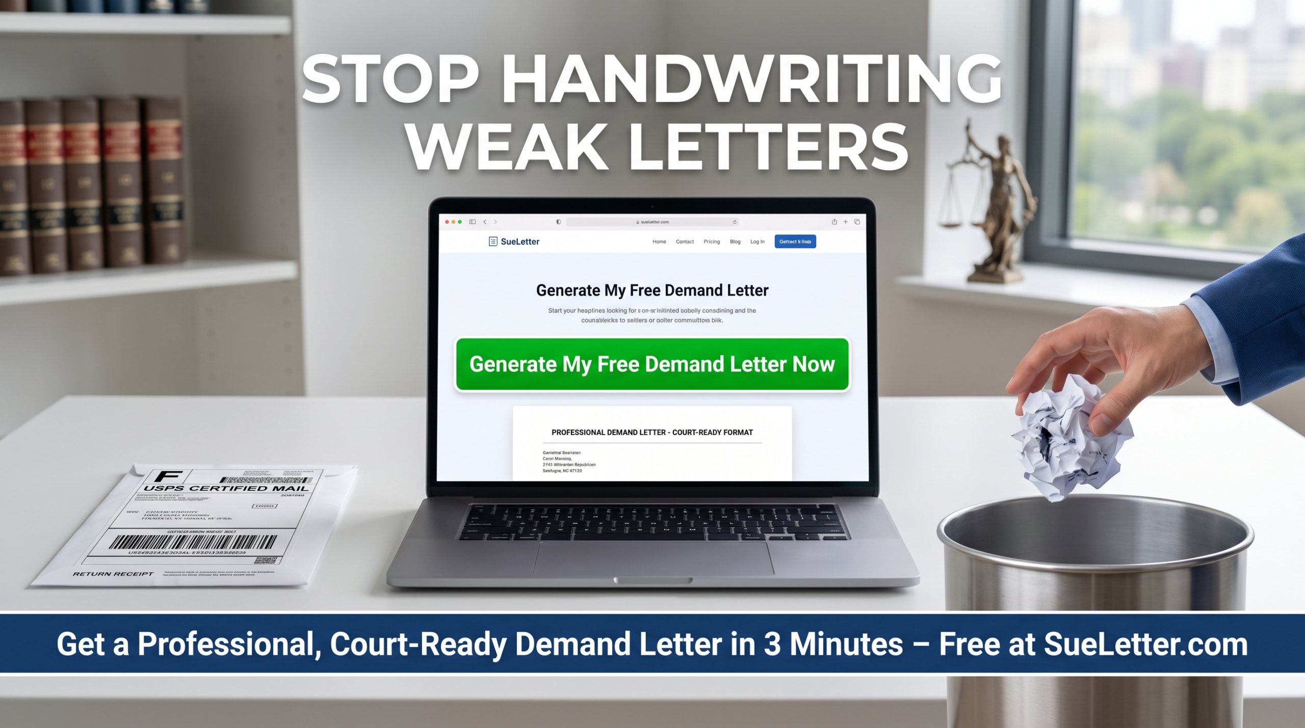 SueLetter.com demand letter generator on laptop with USPS certified mail label and crumpled handwritten letter